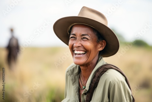 Portrait of happy senior woman with hat smiling at camera in field