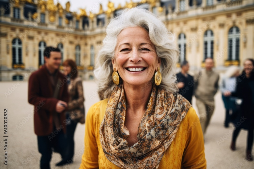 Portrait of a smiling senior woman standing in front of the Grand Palace in Paris, France