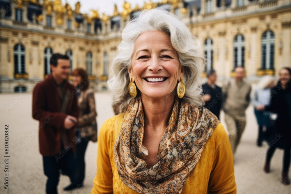 Portrait of a smiling senior woman standing in front of the Grand Palace in Paris, France Portrait of a smiling senior woman standing in front of the Grand Palace in Paris, France