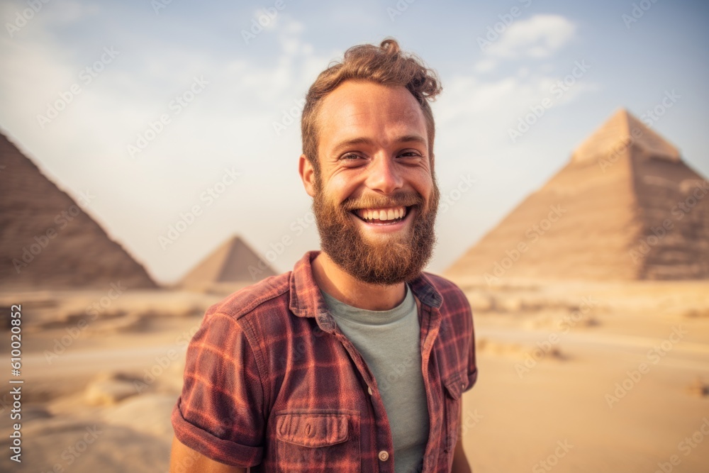 Portrait of a smiling man standing in front of the pyramids of Giza in Egypt Portrait of a smiling man standing in front of the pyramids of Giza in Egypt