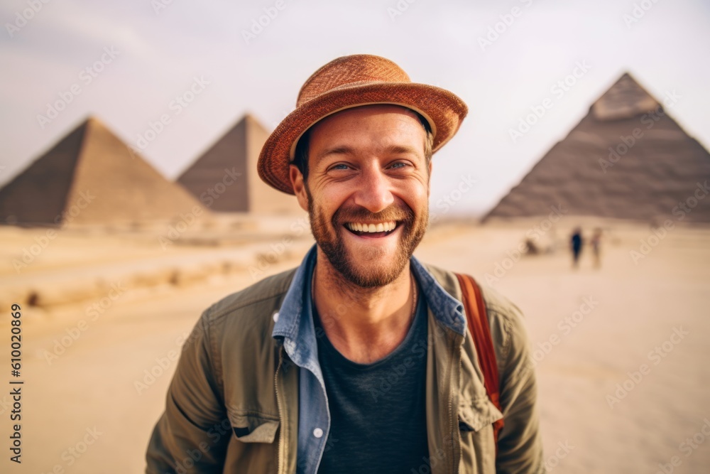 Portrait of a young man with a hat in front of the pyramids of Giza