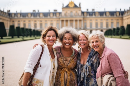 Group of happy senior women standing in front of the royal palace in Paris, France