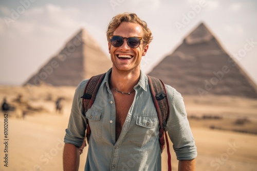 Lifestyle portrait photography of a grinning man in his 30s that is smiling with friends at the Pyramids of Giza in Cairo Egypt . Generative AI
