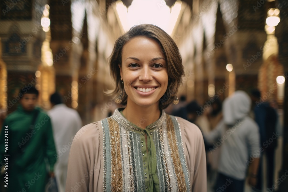 Φωτογραφία Lifestyle portrait photography of a satisfied woman in her 30s that is wearing a chic cardigan at the Mecca in Saudi Arabia