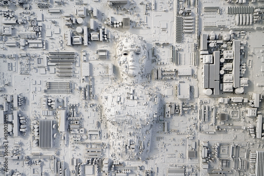 Artistic installation. Humanity's future at risk from technological innovation and artificial intelligence. Dubai, UAE - April, 2023 Artistic installation. Humanity's future at risk from technological innovation and artificial intelligence. Dubai, UAE - April, 2023