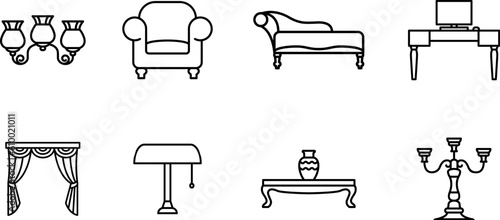 Furniture icon set. Home interior, linear icons. Piece of furniture for the living room, bedroom, office, workplace.