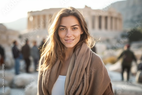 Portrait of a young woman in front of the Parthenon in Athens, Greece