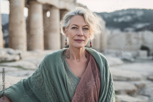 Portrait of beautiful mature woman on the background of ancient ruins.