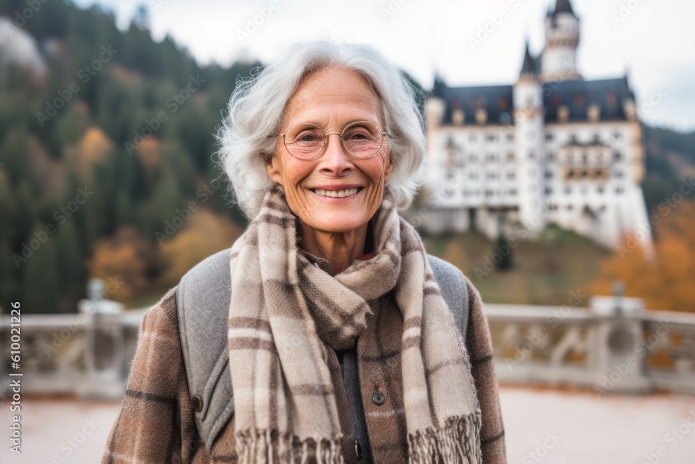 Portrait of a smiling senior woman in front of the castle in autumn Portrait of a smiling senior woman in front of the castle in autumn