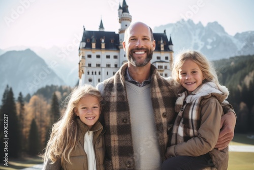 Portrait of happy family of three against view of the castle in Alps