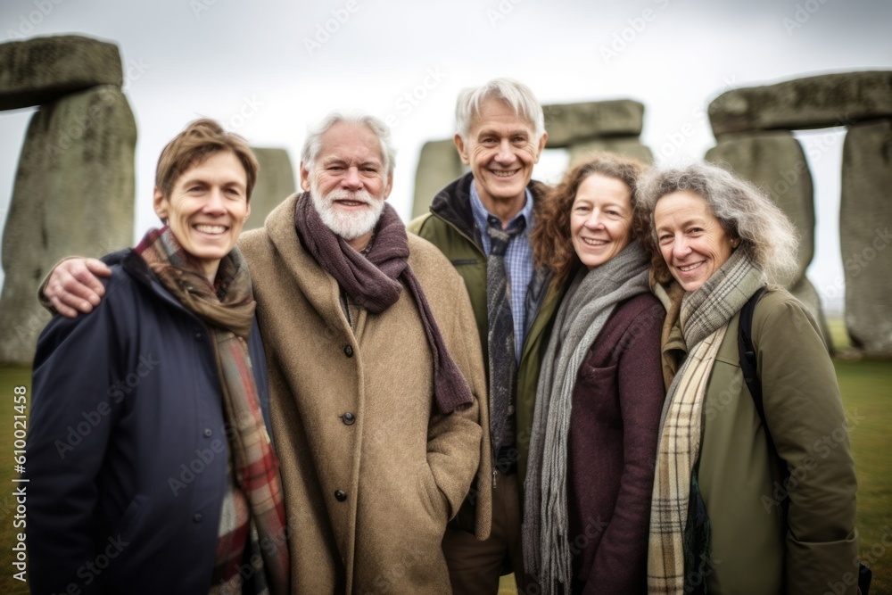 Senior friends standing in front of stonehenge in Wiltshire Senior friends standing in front of stonehenge in Wiltshire