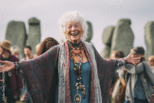 Group portrait photography of a satisfied woman in her 50s that is smiling with friends at the Stonehenge in Wiltshire England . Generative AI