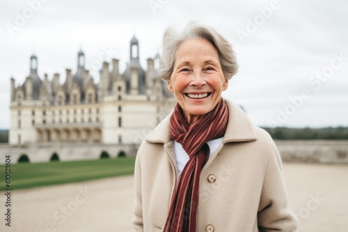 Portrait of smiling senior woman standing in front of castle in France