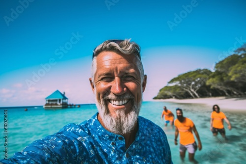 Senior man taking a selfie with his family on a tropical beach.