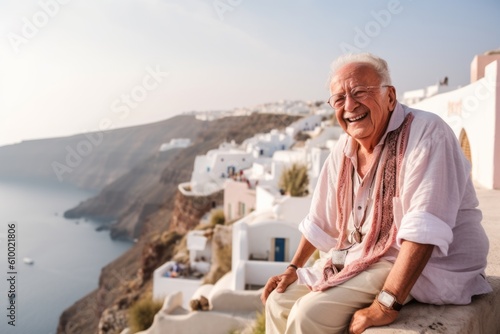 Lifestyle portrait photography of a grinning man in his 80s that is with the family at the Santorini Island in Greece . Generative AI © Anne Schaum