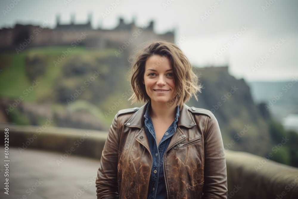 Group portrait photography of a satisfied woman in her 40s that is wearing a denim jacket at the Edinburgh Castle in Edinburgh Scotland . Generative AI Group portrait photography of a satisfied woman in her 40s that is wearing a denim jacket at the Edinburgh Castle in Edinburgh Scotland . Generative AI