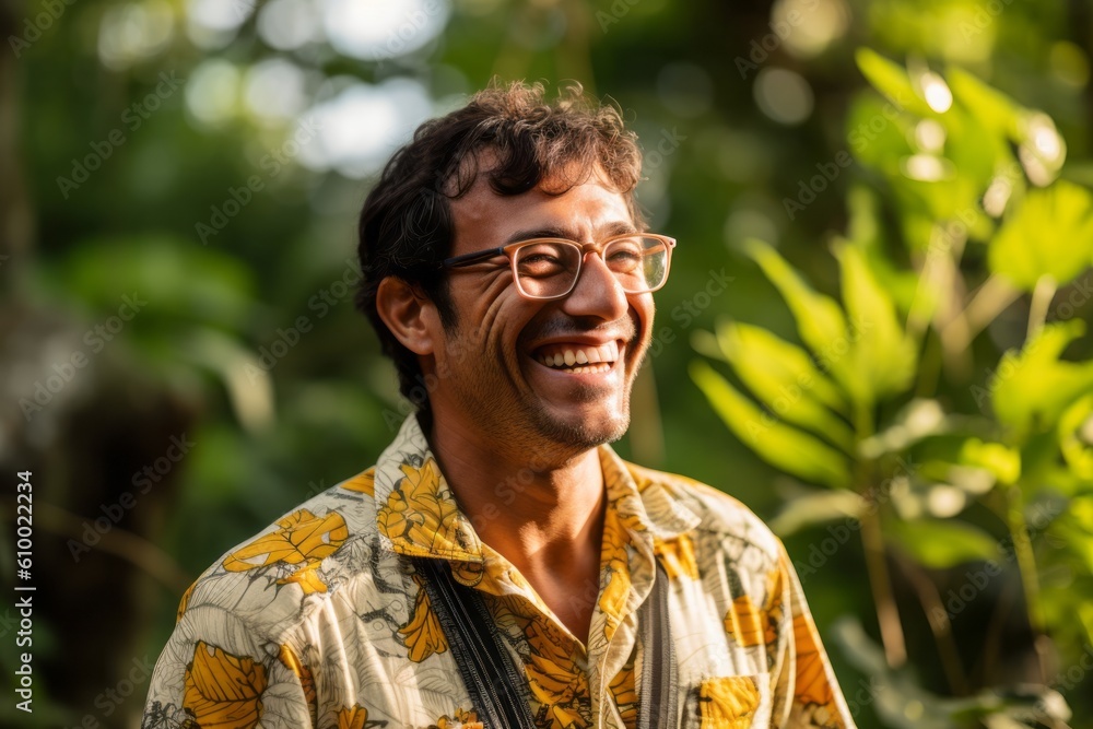 Portrait of a smiling young man wearing glasses in the garden. Portrait of a smiling young man wearing glasses in the garden.