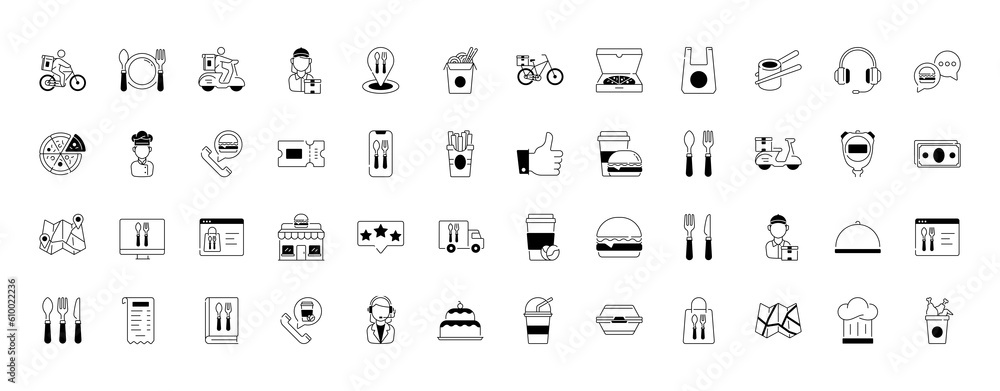 Food delivery icons. Vector illustration included icon as coutier on bike, door contactless delivering, grocery list outline pictogram for fast distribution. 