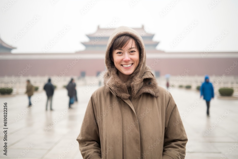 Cheerful asian woman in front of Forbidden City in Beijing, China