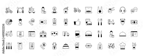 Food delivery icons. Vector illustration included icon as coutier on bike, door contactless delivering, grocery list outline pictogram for fast distribution. 