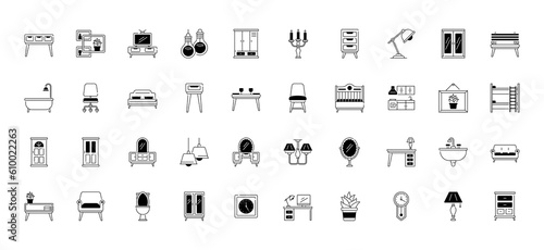 Furniture flat icons set. Kitchen, bedroom, sofa table, bookcase closet, chair, mattress, lamps, ladder vector illustrations. 