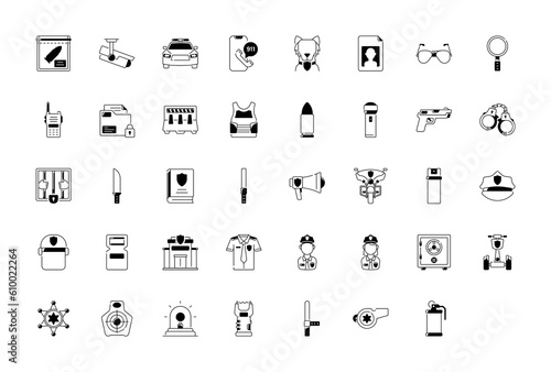 Set of Police icons vector illustration. Collection icon of legal, arrest, cctv, raifel, gun, weapon, law and justice and more.
