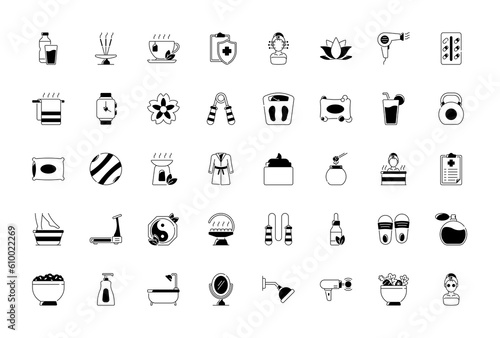Wellness icon set. Containing massage, yoga, spa, relaxation, health, exercise, diet, wellbeing, meditation, aromatherapy and more. Solid icon collection. 
