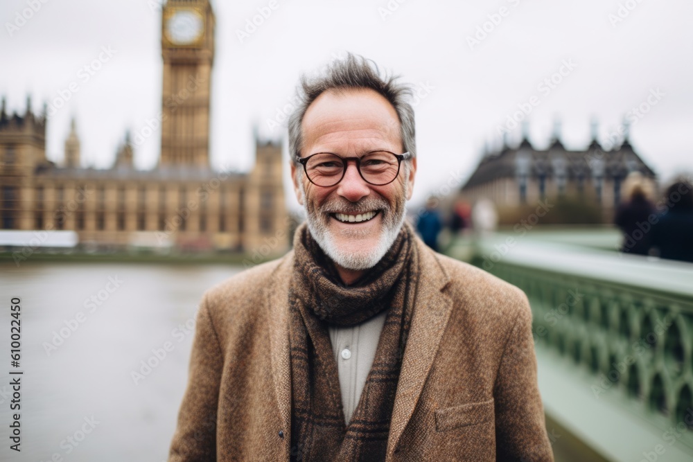 Senior man traveling in London, looking at camera and smiling. Old man wearing coat and glasses. Senior man traveling in London, looking at camera and smiling. Old man wearing coat and glasses.
