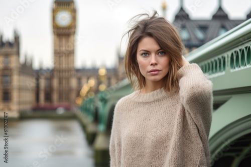 Portrait of a beautiful young woman in front of Big Ben in London