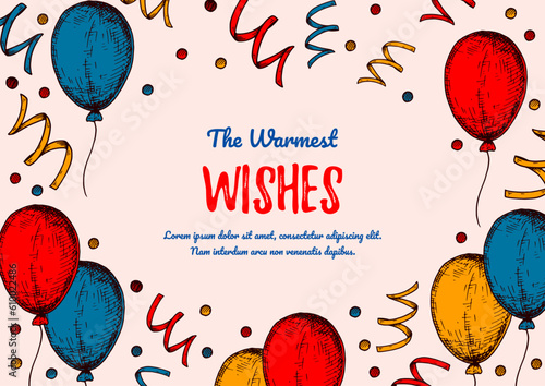 Birthday horizontal greeting card. Design with hand drawn elements. Celebration invitation  template. Vector illustration in sketch style. Festive kids colorful poster