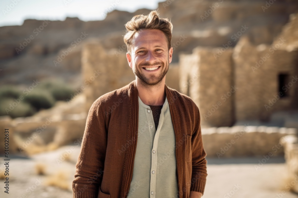 Lifestyle portrait photography of a grinning man in his 30s that is wearing a chic cardigan at the Masada in Southern District Israel . Generative AI Lifestyle portrait photography of a grinning man in his 30s that is wearing a chic cardigan at the Masada in Southern District Israel . Generative AI