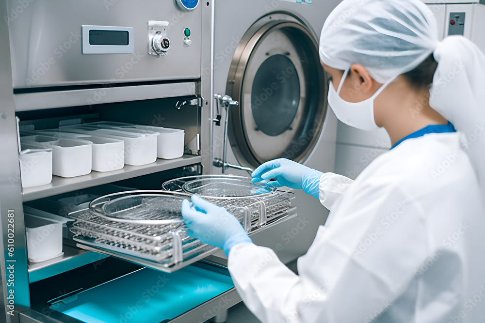 Autoclaving Sterilization of medical instruments Nurse loading a
