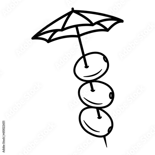 Olives and Umbrella for Cocktails for Coloring. Vector Illustration of Olives for Decorating Summer Cocktails in Cartoon Style
