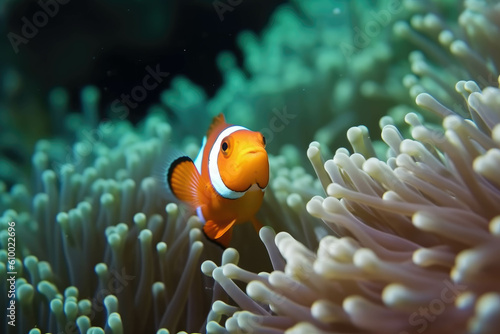 Clown fish on an anemone underwater reef in the tropical ocean. AI © Kateryna