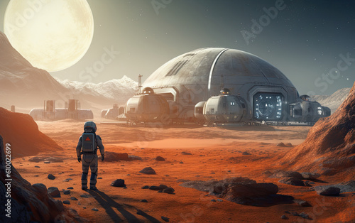 Astronaut walking over Mars towards a futuristic space station with the sun on the background. 