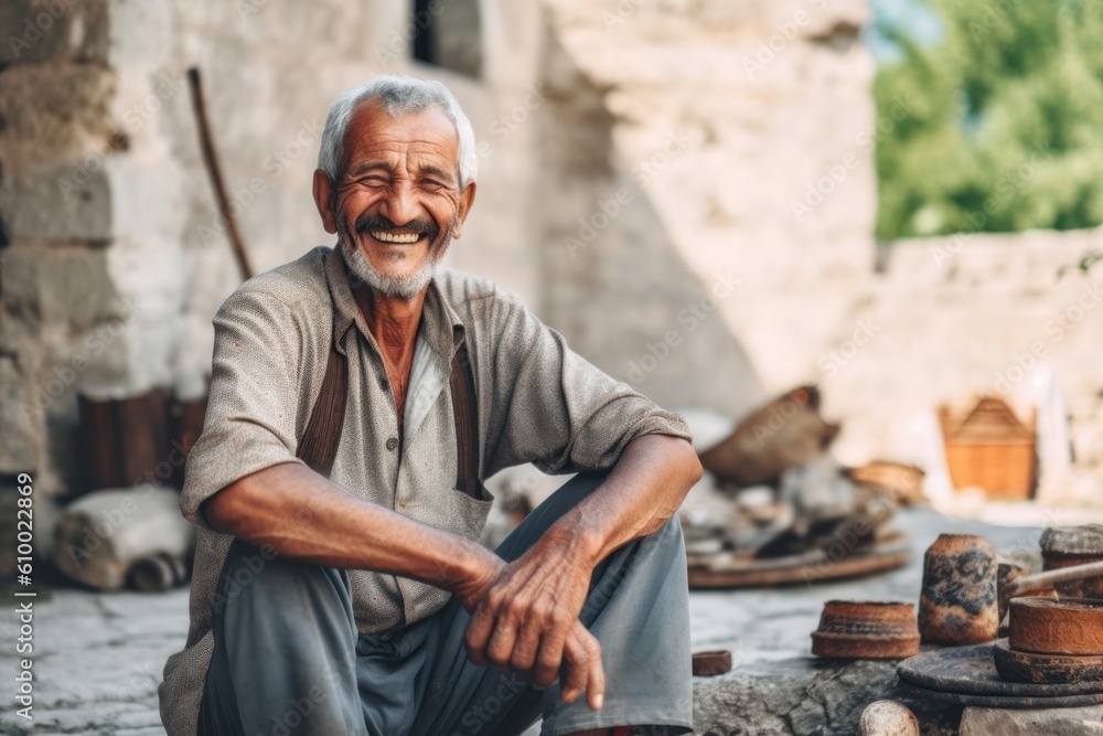 Portrait of an elderly man sitting on the street and smiling.