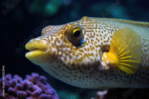Fish cow underwater photo horned coral tropical animal macro. AI