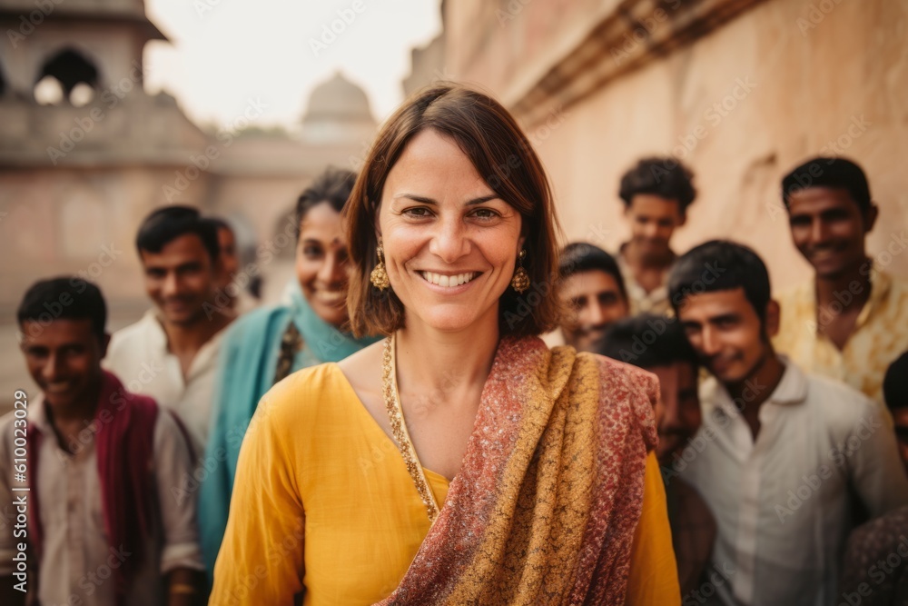 Beautiful Indian woman standing in front of a group of people. Beautiful Indian woman standing in front of a group of people.