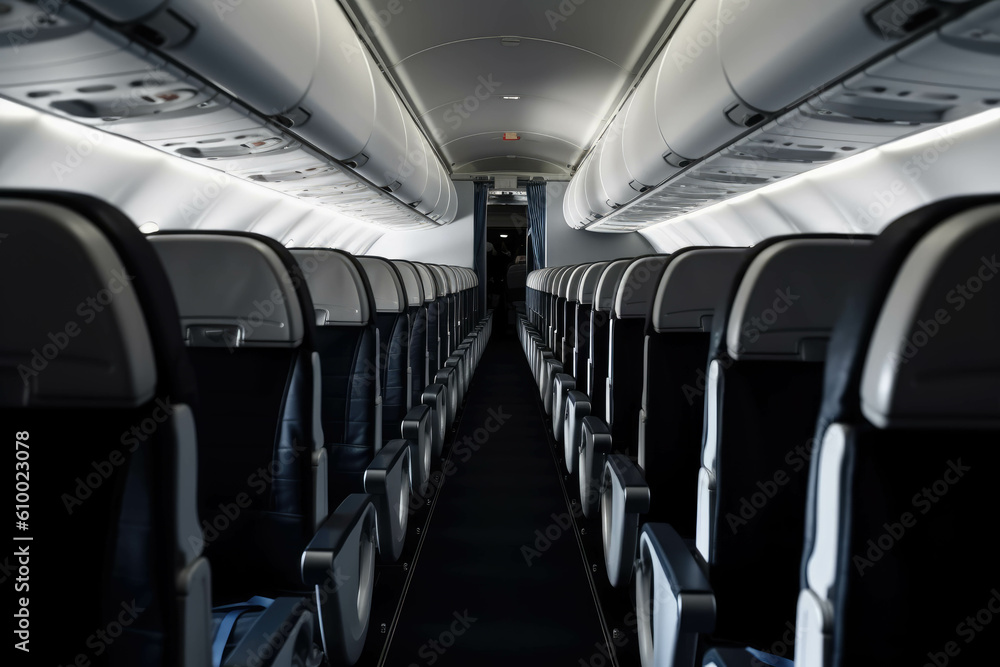 Fototapeta premium Interior of the aircraft, a row of seats in the flight of the aeroplane. AI