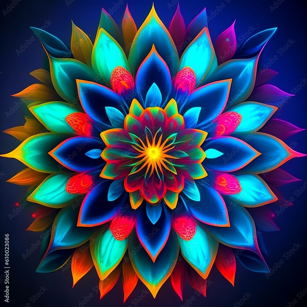 Fototapeta premium Bioluminescent Psychedelic multicolor symmetric florafractigami, Neon Light created by Generative AI technology