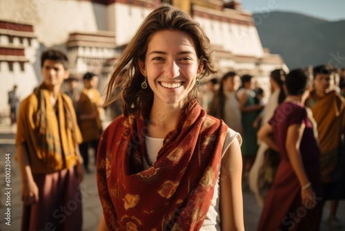 Group portrait photography of a pleased woman in her 20s that is smiling with friends at the Potala Palace in Lhasa Tibet . Generative AI © Anne Schaum