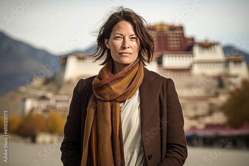 Group portrait photography of a tender woman in her 40s that is wearing a classic blazer at the Potala Palace in Lhasa Tibet . Generative AI