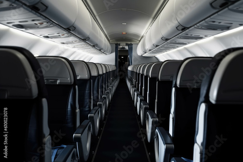 Interior of the aircraft, a row of seats in the flight of the aeroplane. AI