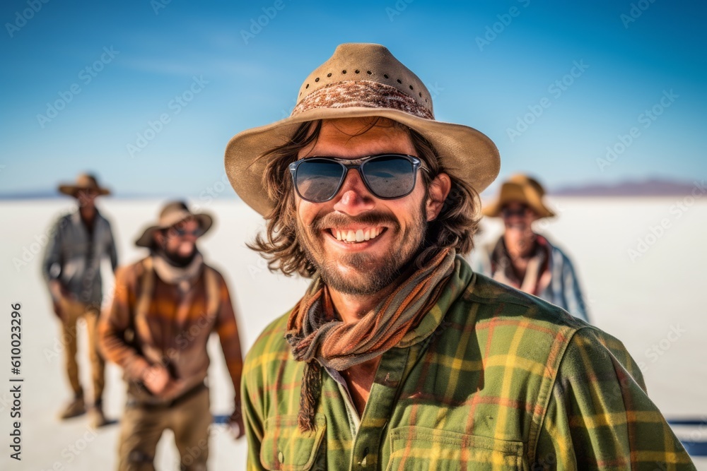 Group portrait photography of a grinning man in his 30s that is smiling with friends at the Salar de Uyuni in Potosi Bolivia . Generative AI