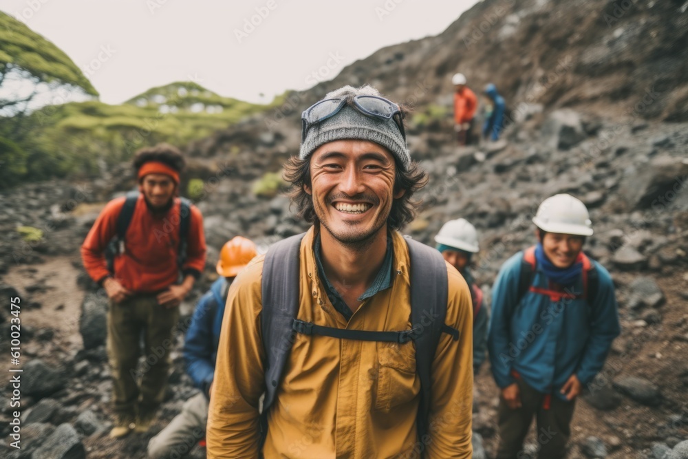 Group of mountaineers trekking in the crater of volcano.