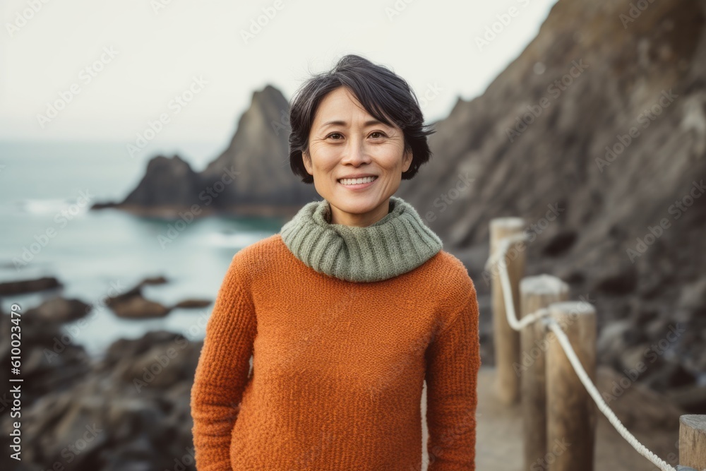 Portrait of a smiling Asian woman standing in front of the sea Portrait of a smiling Asian woman standing in front of the sea