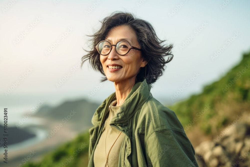 Portrait of a happy senior woman in eyeglasses looking away while standing on top of a mountain Portrait of a happy senior woman in eyeglasses looking away while standing on top of a mountain