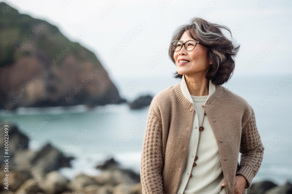 Portrait of a beautiful middle-aged woman with short gray hair and glasses on the seashore
