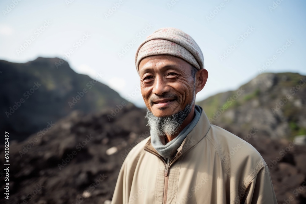 Portrait of smiling senior man standing in the middle of a volcanic landscape