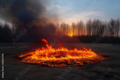 Fire frame round fire burning panorama wildfire. AI